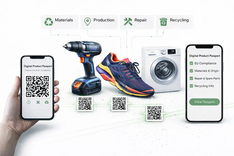 Digitale Produktpass Infografik mit QR-Code, Produktdaten und EU-Compliance-Informationen