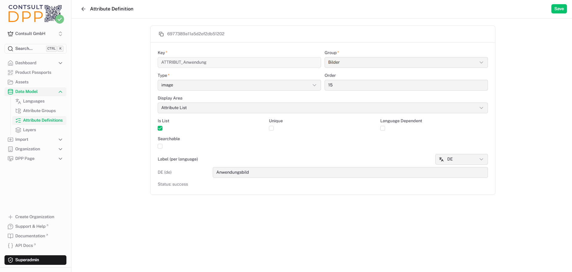 Detailansicht einer Attribute Definition mit Key, Group, Type, Order, Display Area, Flags und Label pro Sprache