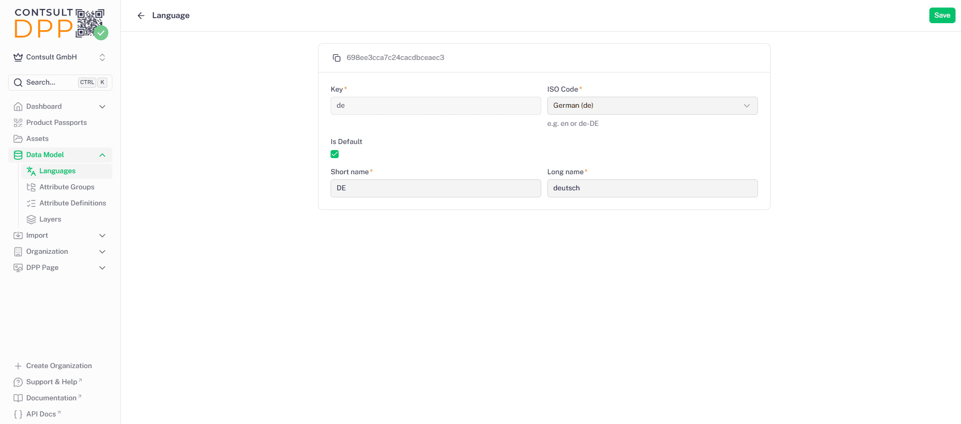 Detailansicht einer Sprache mit ausgefülltem Key, ISO Code, Short name und Long name