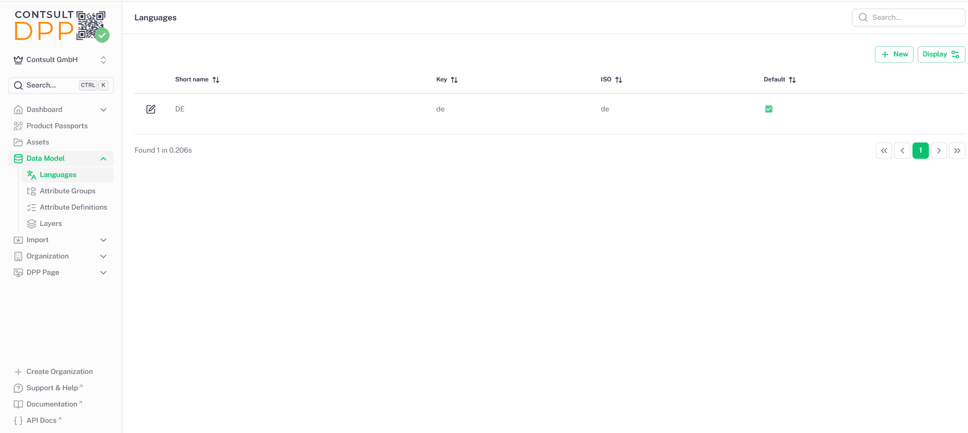 Listenansicht der Languages mit den Spalten Short name, Key, ISO und Default