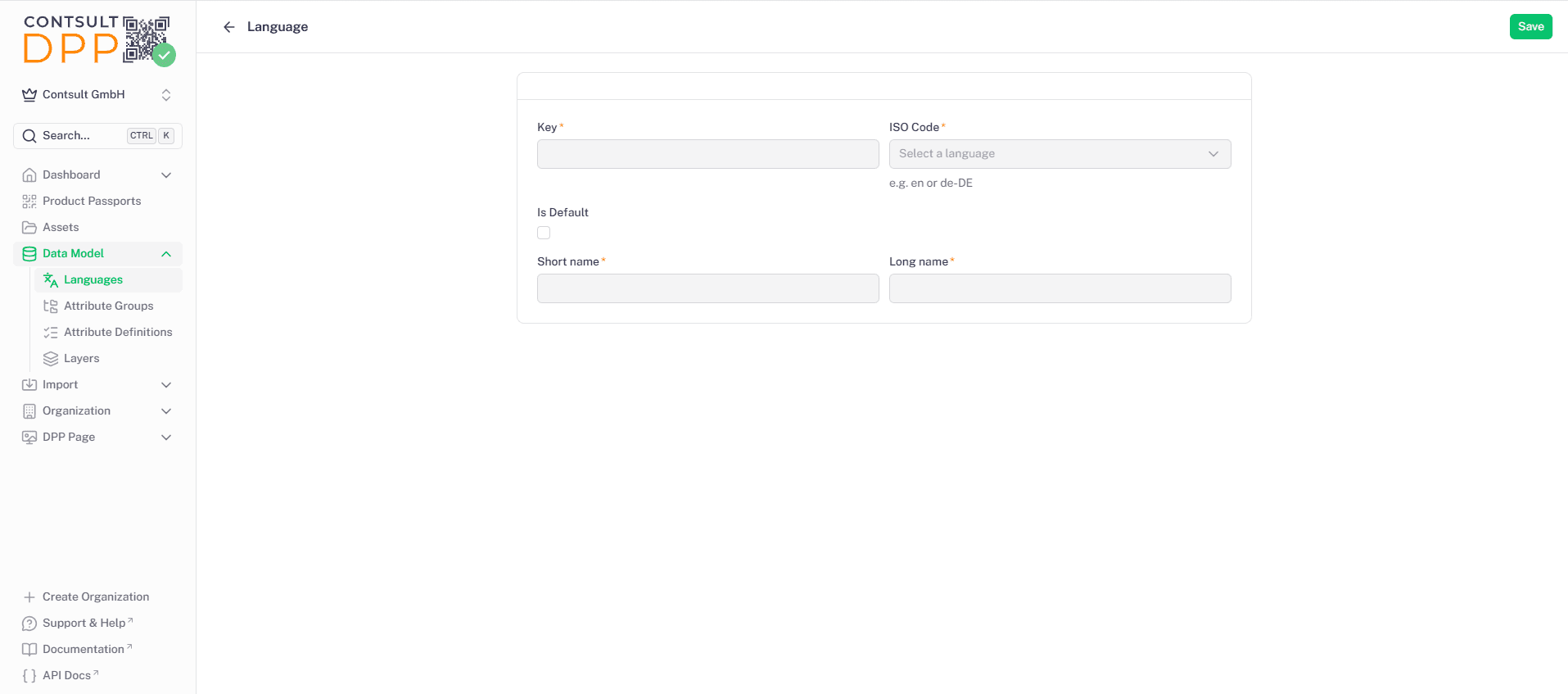 Leeres Formular zum Anlegen einer neuen Sprache mit den Feldern Key, ISO Code, Is Default, Short name und Long name