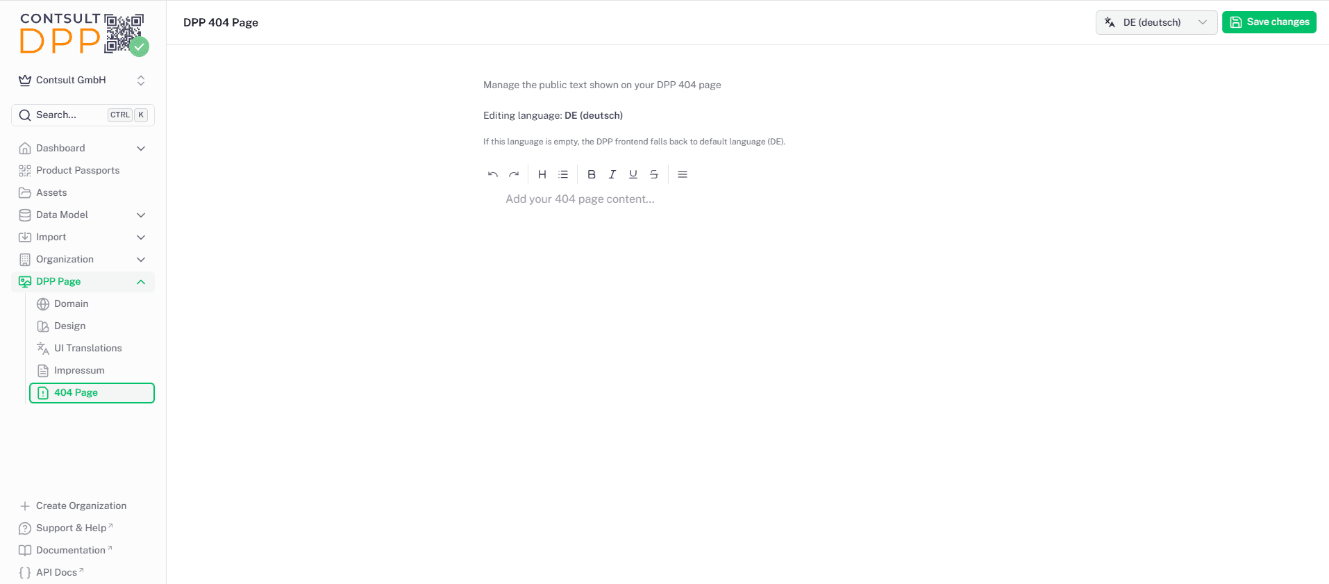 404-Page-Editor mit Rich-Text-Werkzeugleiste und Sprachfilter oben rechts