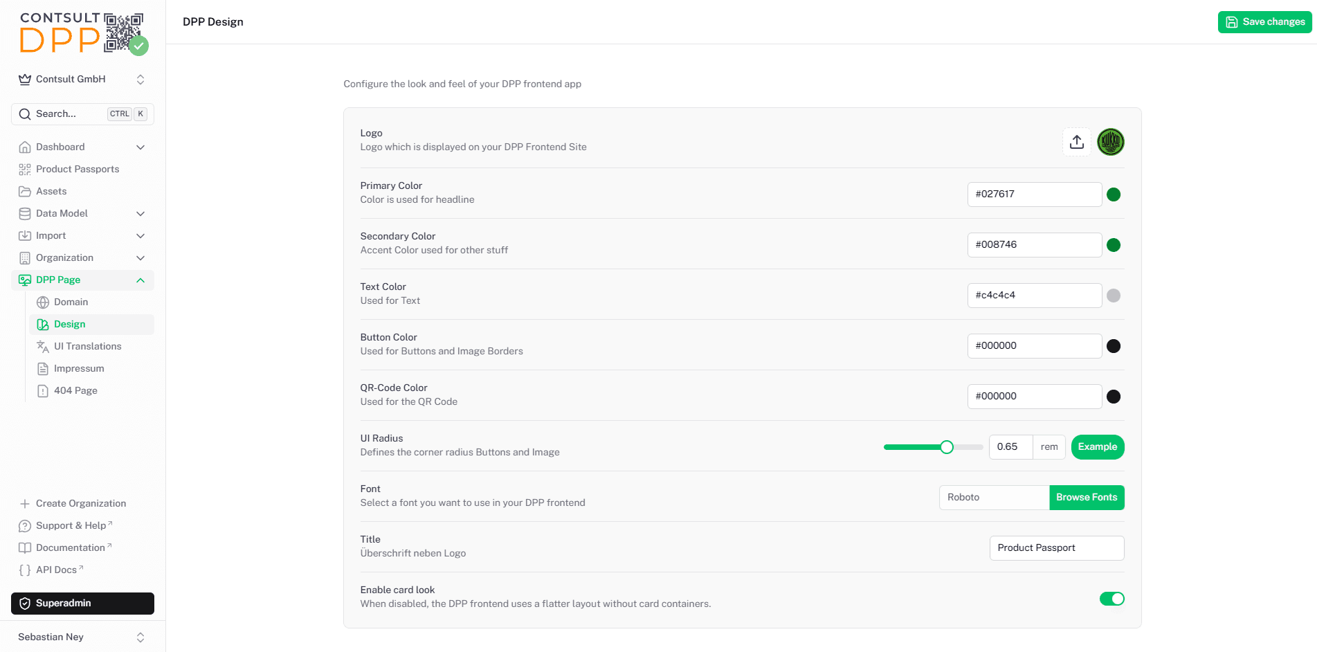 Design-Einstellungen mit Logo, Farben, UI Radius, Font und Title