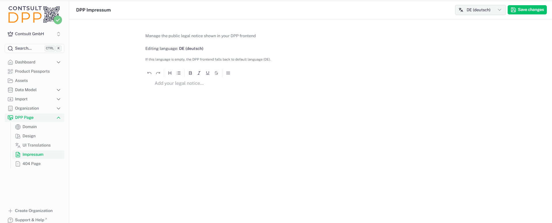 Impressum-Editor mit Rich-Text-Werkzeugleiste und Sprachfilter oben rechts