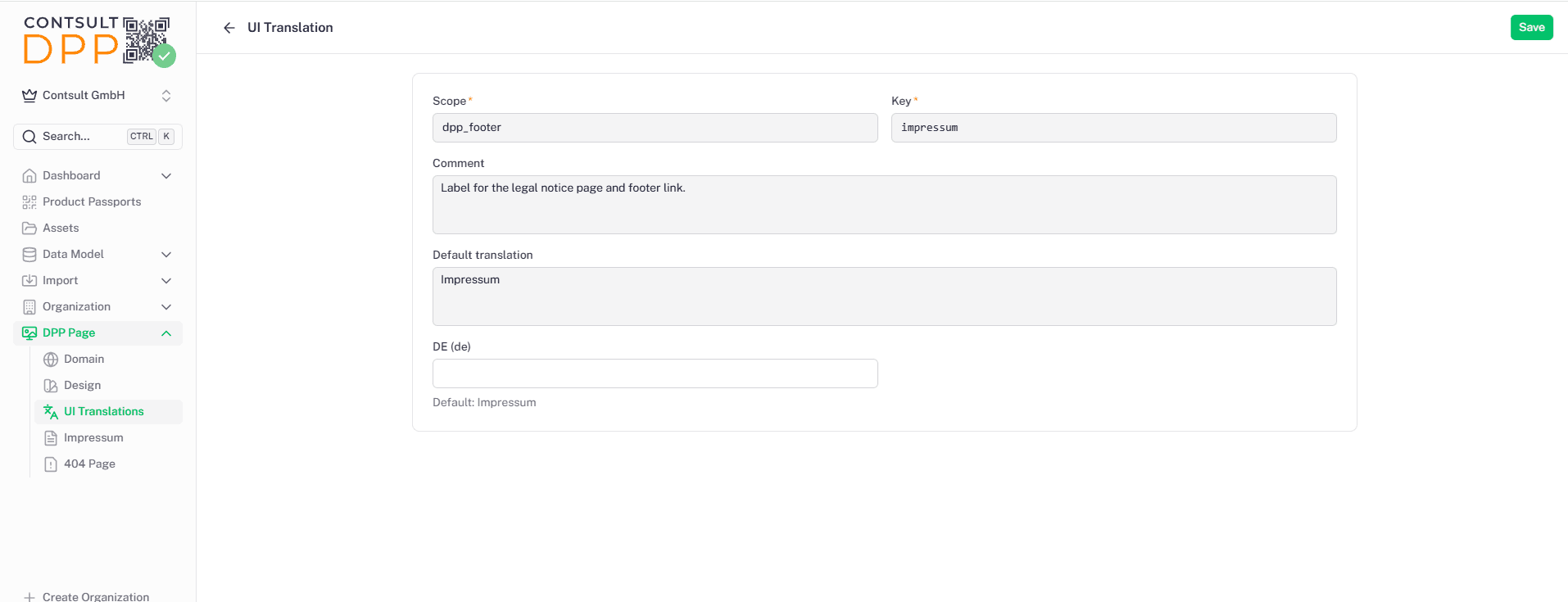 Edit-Dialog für eine UI Translation mit Eingabefeld pro Sprache