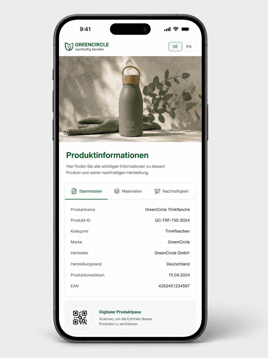 Beispielansicht der öffentlichen DPP-Seite mit Logo, Produktbild, Attributgruppen und Sprachumschalter