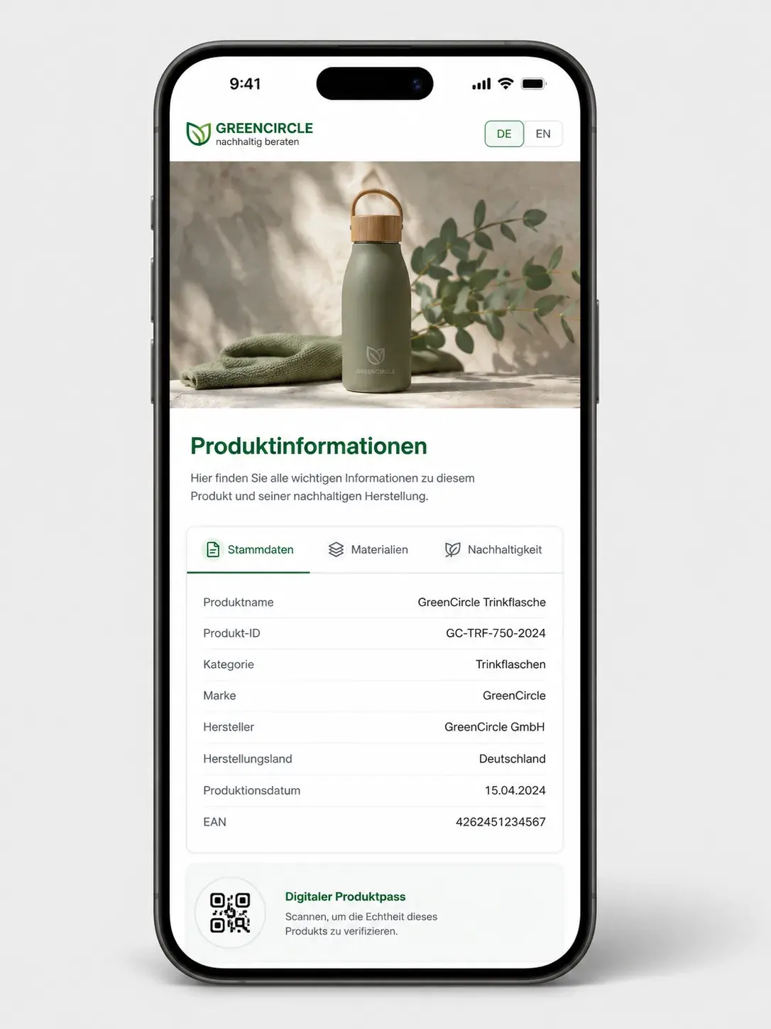 Beispielansicht der öffentlichen DPP-Seite mit Logo, Produktbild, Attributgruppen und Sprachumschalter