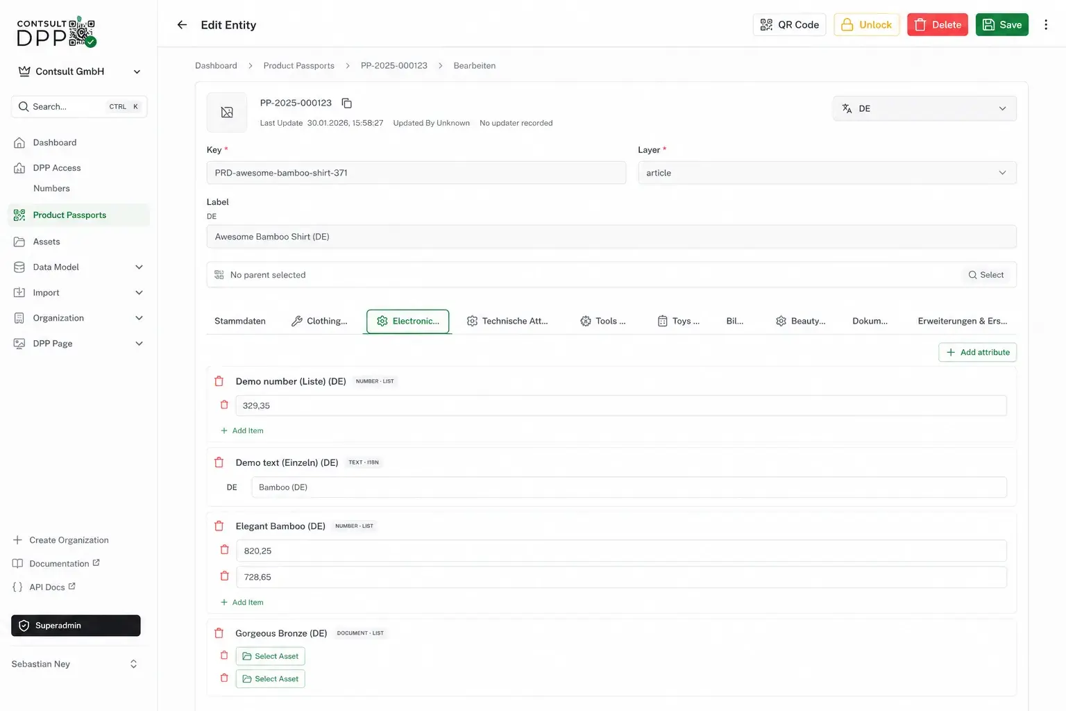 Übersicht der Admin-Oberfläche mit Navigation und Hauptbereichen wie Datenmodell, Produktpässe, Dateien und DPP-Seite