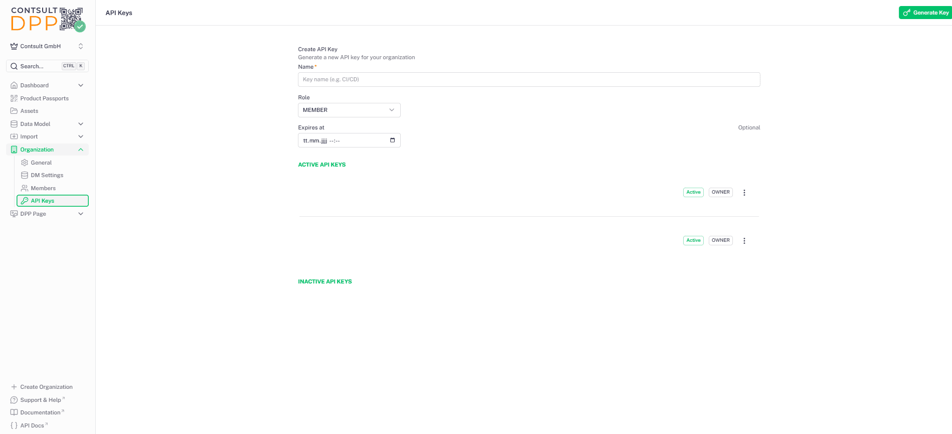 API-Keys-Seite mit Erstellungsformular sowie Listen für Active und Inactive API Keys