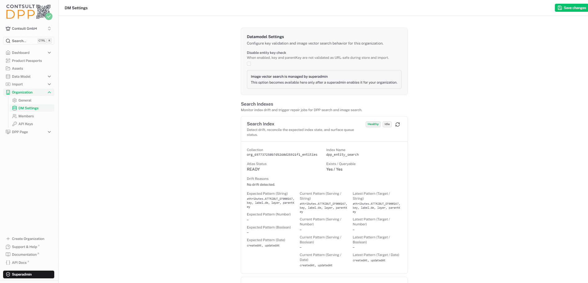 DM-Settings-Seite mit Datamodel Settings und den Search Indexes