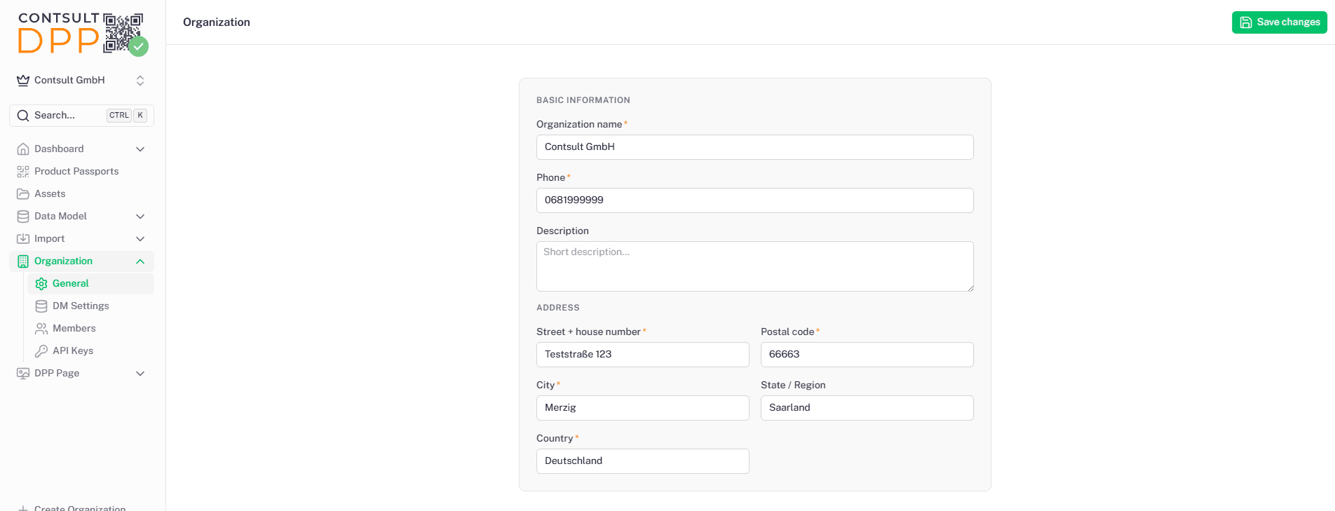 Organization-General-Seite mit Basic Information, Address und Organization ID