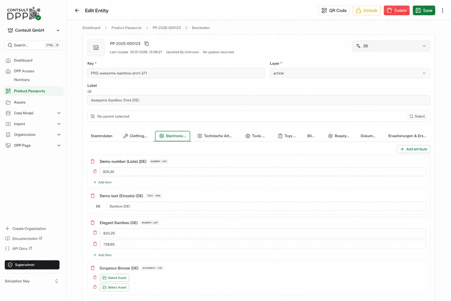 Übersicht der Admin-Oberfläche mit Navigation und Hauptbereichen wie Datenmodell, Produktpässe, Dateien und DPP-Seite